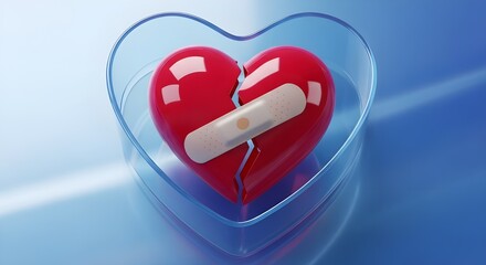 Broken heart mended with bandage on blue background