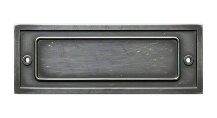 Rugged metallic mail slot with worn texture and brushed steel finish