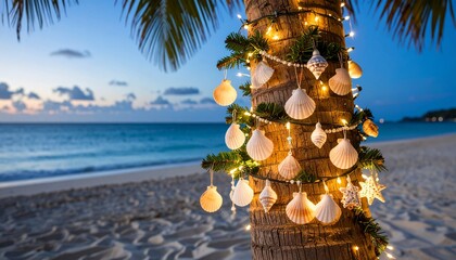 Tropical Christmas Tree Decorated with Seashells on a Beach at Dusk