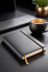 Time Management. A stylish black notebook beside a cup of coffee on a dark workspace.