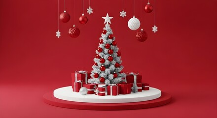 Christmas tree with ornaments and gift boxes on red background