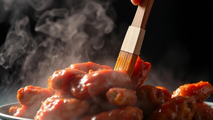 dramatic lighting spicy food cooked dark background buffalo wings chicken wings side angle steam sauce brush
