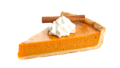 Pumpkin pie slice with whipped cream topping and cinnamon stick, isolated on transparent background