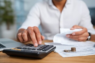Fototapeta premium Start Up Costs: Businessman Calculating Balance and Bills with Computer