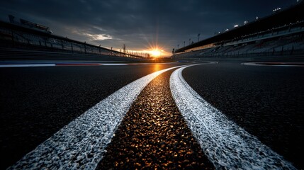 Racing track asphalt at sunset. Wide view of a racing track's surface, showing white painted lines curving into the distance, with a dramatic sunset sky