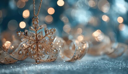 Gold snowflake ornament, delicate chain, and blurred lights. Festive bokeh and ribbon