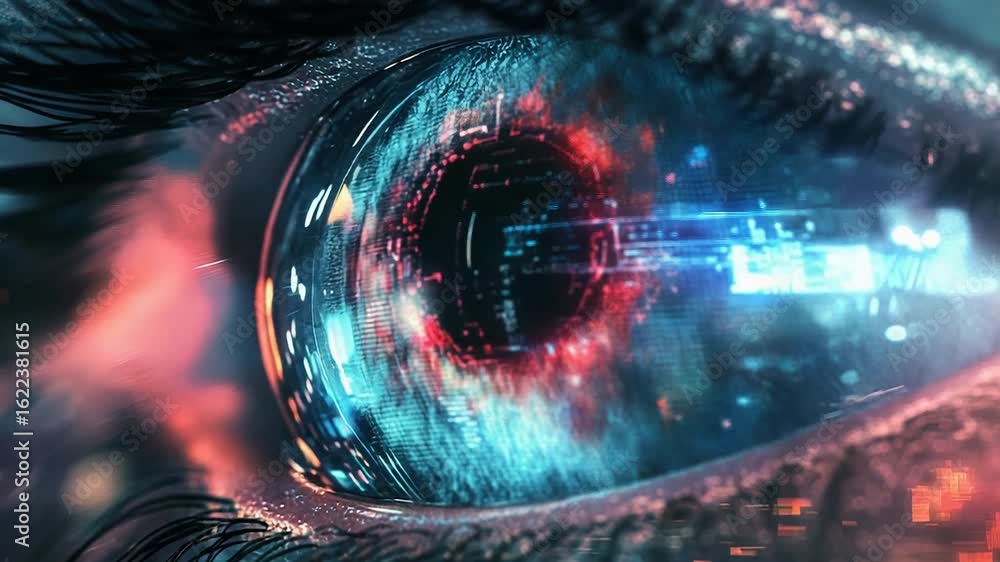 Poster futuristic human eye showing digital data processing and analysis