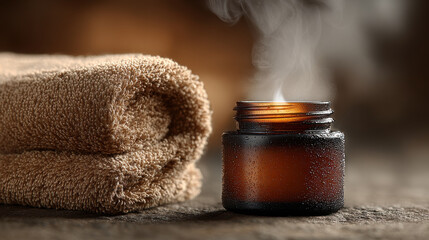 Moisturizer jar on soft towel with steam creates calming spa atmosphere, enhancing relaxation and rejuvenation. Perfect for skincare routines and self care moments