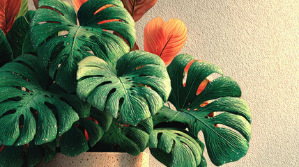 Lush Monstera leaves with vibrant colors create tropical ambiance, adding clean and fresh touch to any space. intricate details of leaves enhance overall aesthetic appeal