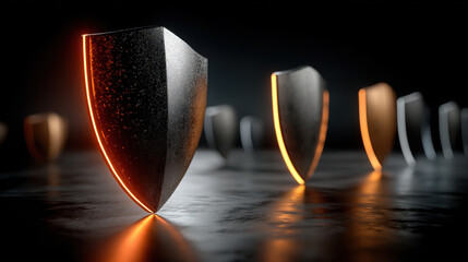 Glowing shields in dark environment symbolize protection and security, showcasing modern design with metallic textures and vibrant edges. image evokes sense of safety and strength