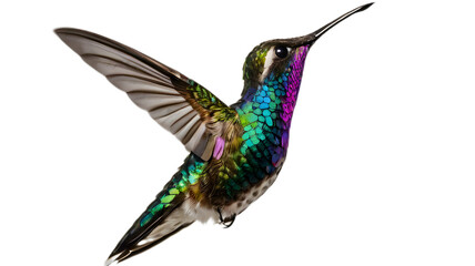 Fototapeta premium Colorful hummingbird flying on transparent background PNG.
