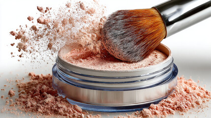 Compact powder with brush is shown, highlighting fine texture and soft color of product. image captures powder being applied, creating sense of beauty and elegance