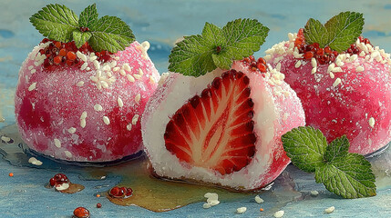 Delicious strawberry daifuku with vibrant pink exterior, adorned with mint leaves and sprinkled with white rice flakes, evokes sense of sweetness and freshness