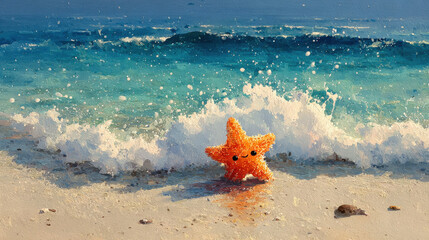 Cheerful starfish with smiling face rests on sandy beach, surrounded by gentle waves and sparkling blue water. scene captures serene and joyful coastal atmosphere