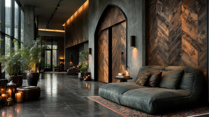 Stylish hotel interior featuring wooden paneling, soft lighting, and cozy seating area. ambiance is warm and inviting, perfect for relaxation and comfort
