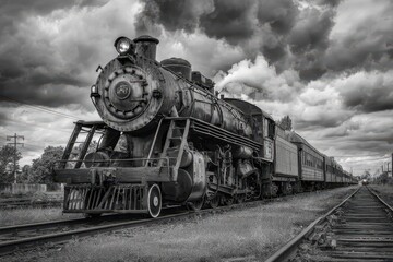 Naklejka premium Steam Engine Black And White. Vintage Locomotive on Railroad Tracks in Monochrome Photography