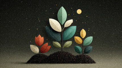 Stylized seed and sprout artwork featuring clean lines and vibrant colors, showcasing growth and nature beauty in minimalist design. composition evokes sense of tranquility and harmony