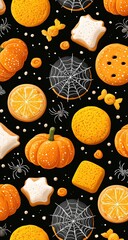 Halloween themed pattern of orange and black cookies, candies, pumpkins, and spiders