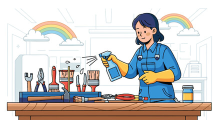Colorful Workshop Scene with Woman Cleaning Tools