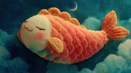 Cute fish shaped dessert with smiling face, featuring soft texture and vibrant colors against dreamy blue background with clouds and crescent moon