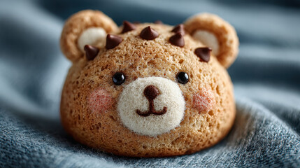 Cute teddy bear cookie with chocolate chips, featuring delightful face and soft texture, perfect for dessert lovers. This charming treat brings joy and sweetness to any occasion