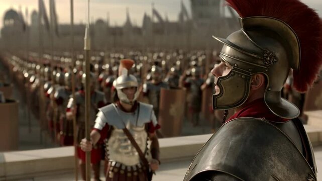 Roman soldiers in armor with helmets and shields standing in formation with commander giving speech during military ceremony or historical reenactment