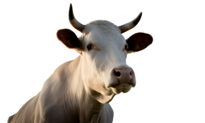 Portrait of a Cow with Horns Against a Cloudy Sky