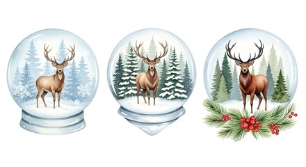 Three watercolor Christmas snow globes with deer and trees