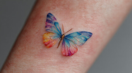 Delicate butterfly tattoo with vibrant rainbow watercolor wings is beautifully inked person arm, showcasing intricate details and stunning blend of colors. artwork evokes sense of freedom