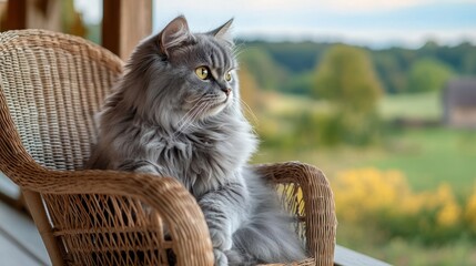 Gray cat sitting on wicker chair looking at the blurred landscape