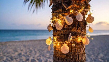 Seashells and Fairy Lights Adorn Palm Tree on Tropical Beach at Sunset