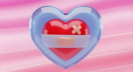 Red heart with bandage in transparent heart on pink background