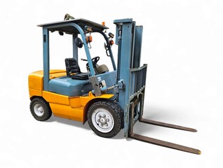 Side view of a bright yellow forklift machine with lifting forks, suitable for warehouse operations, freight design assets, and forklift safety awareness visuals. Isolated on white background