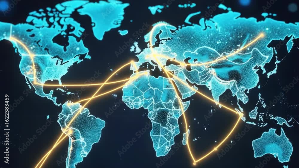Poster a map of the world with many connections, useful for illustrating global relationships and networks