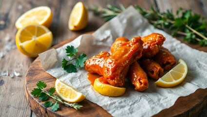 natural daylight lemon wedges parchment paper buffalo wings chicken wings rustic wooden board food styling herbs
