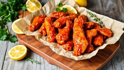 wooden board rustic chicken wings parchment paper herbs buffalo wings lemon wedges natural daylight spicy food
