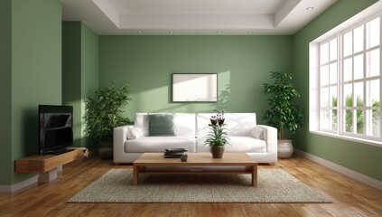 Fototapeta premium Modern living room with sage green walls, white sofa, and wooden accents