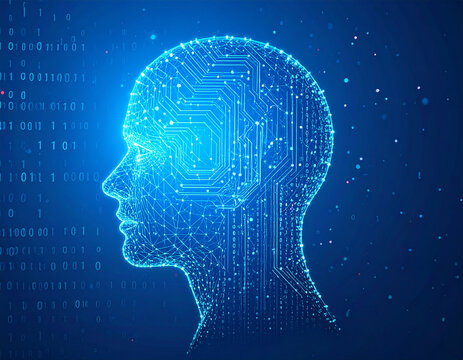 Digital AI Head with Neural Network & Binary Code