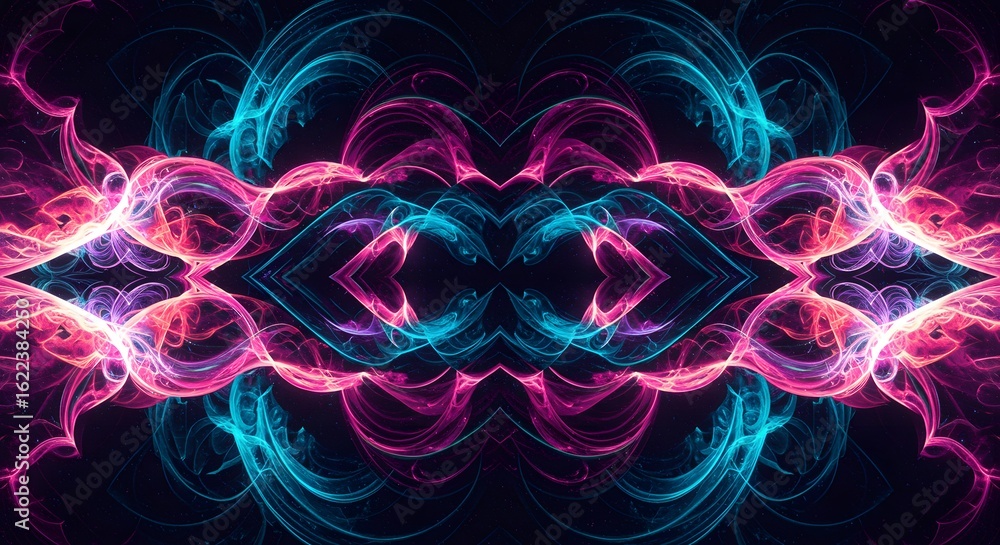 Poster symmetrical abstract design featuring swirling lines of pink and blue light against a dark backgroun