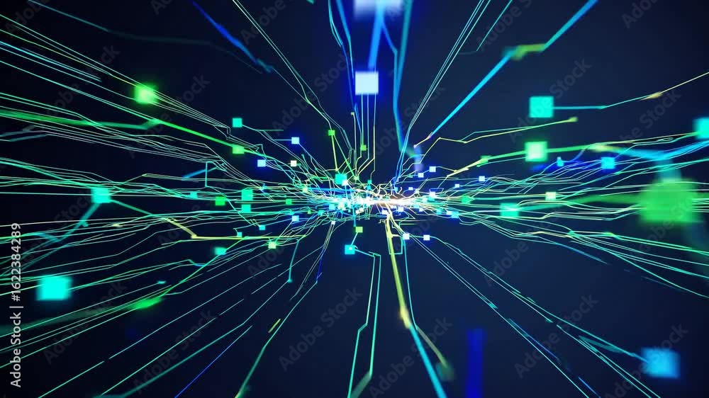 Poster detailed closeup of a vibrant computer circuit board, radiating digital data streams ideal for innov