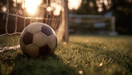 Worn soccer ball rests at goal's edge, golden hour sunlight streams through net