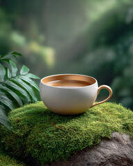 Digital Detox & Burnout Recovery Retreat. A serene cup on moss, surrounded by lush greenery, evoking peace and tranquility.