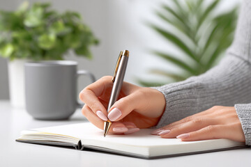 Digital Detox & Burnout Recovery Retreat. Writing in a notebook with a coffee cup and plants in the background.