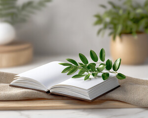 Digital Detox & Burnout Recovery Retreat. An open book with a leafy branch on a textured surface and blurred background.