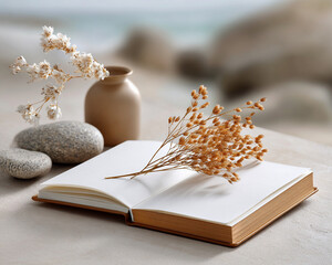 Digital Detox & Burnout Recovery Retreat. Open book with dried flowers and stones next to a vase, set against a serene background.