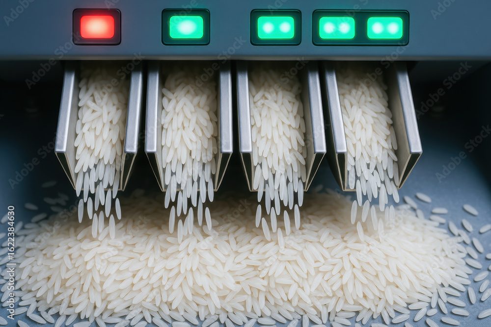 Poster rice production process in mill with grains flowing through metal chutes under indicator lights oper