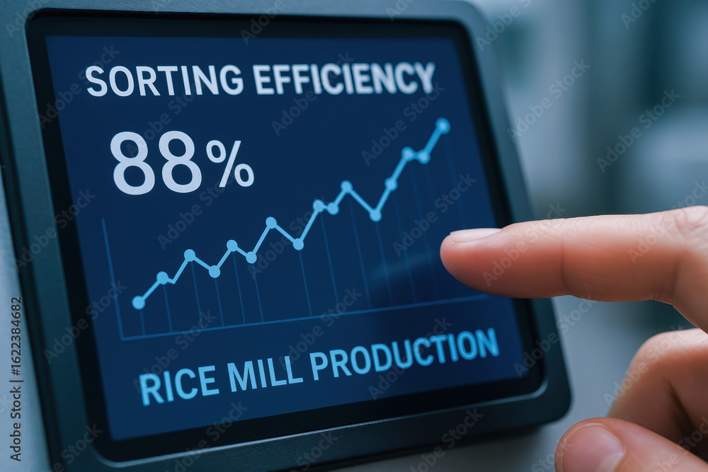 Aufkleber rice mill production efficiency displayed on digital screen with finger pointing at graph 88 percent