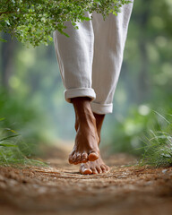 Digital Detox & Burnout Recovery Retreat. Walking barefoot on a serene path surrounded by greenery.