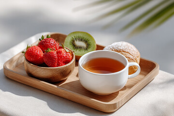 Digital Detox & Burnout Recovery Retreat. A wooden tray holds strawberries, kiwi, a pastry, and a cup of tea, set against a soft background.