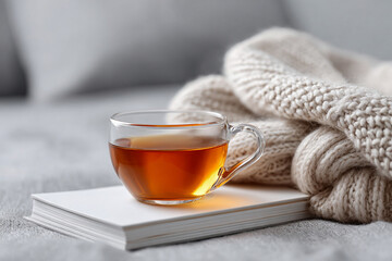 Digital Detox & Burnout Recovery Retreat. Warm cup of tea resting on a book beside a cozy knit blanket.